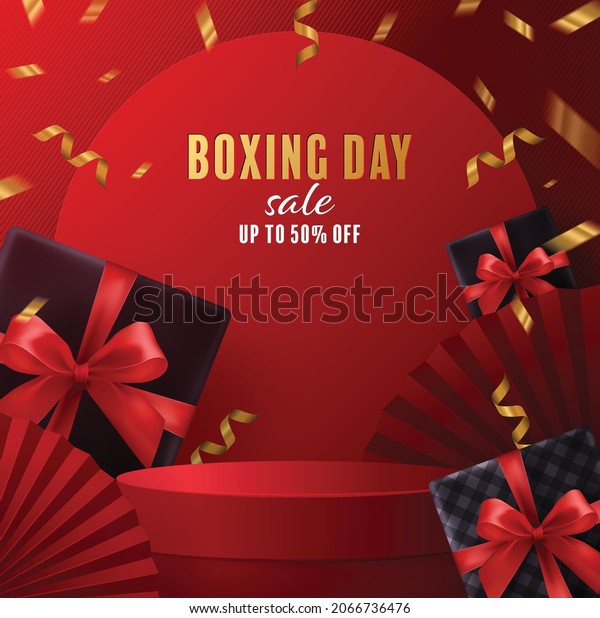 Boxing day\
sale or black friday shopping concept design of red, gold, black,\
boxing gloves holding for happy time with decorative elements cut\
style on color Background.\
\
