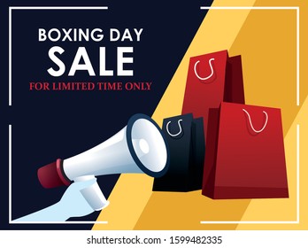 Boxing day sale colorful design with megaphone and shopping bags over yellow and black background, vector illustration