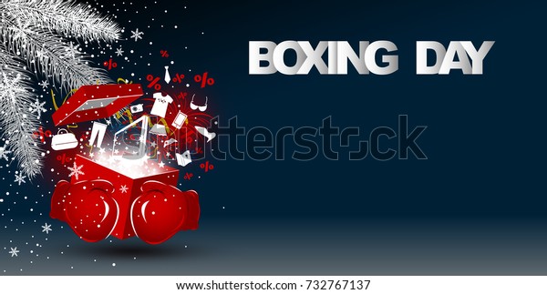 Boxing day sale concept design\
of red boxing gloves holding gift box with fashion icon and\
firework
