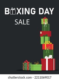 Boxing day sale design with gift boxes. Tower from gifts. Vector illustration