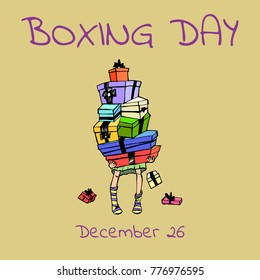 Boxing day sale design. Girl holding a lot of gifts. Hand drawn vector stock illustration.