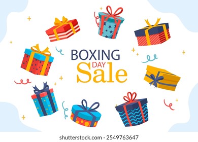 Boxing Day sale design illustration with colorful box and bag. Can be used for banner, poster, flyer, web, landing page, template, animation, etc