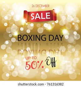 Boxing Day Sale discount poster. Red ribbon banner with title on glitter bokeh gold lights, defocus lights sparkles background, Christmas and Happy New Year Holiday shopping card, gift, voucher