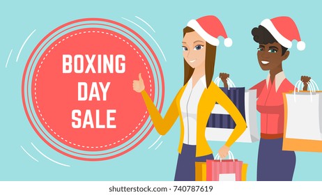 Boxing day sale event webpage banner design. Multiracial young smiling Caucasian and African-Anerican women in Christmas hats holding lots shopping bags after boxing day sale. Vector flat illustration