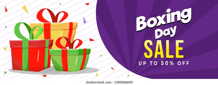 Boxing Day Sale header or banner design with 50% discount offer and gift boxes on white striped and purple rays background.
