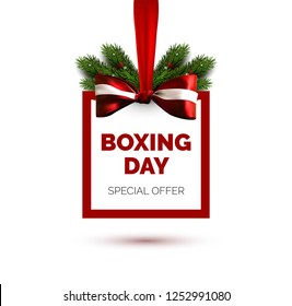 Boxing day sale illustration. Sale sticker with bow and christmas tree branches