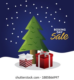 boxing day sale lettering with pine tree and gifts vector illustration design