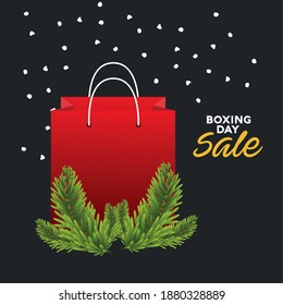 boxing day sale lettering with shopping bag and firs vector illustration design