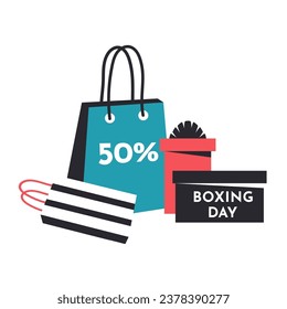 Boxing Day sale. Modern simple cartoon card with gift boxes, pacages. Present boxes, bags, discounts in minimalistic style.  Vector illustration for winter holiday, New Year, Valentines day, web