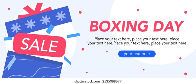 Boxing Day Sale on blue background with gift, white, red color. December 26. Cartoon Vector flat illustration horizontal Template for Poster, Banner, Flyer, Card, post. Lowest price, Promo, Best deal.