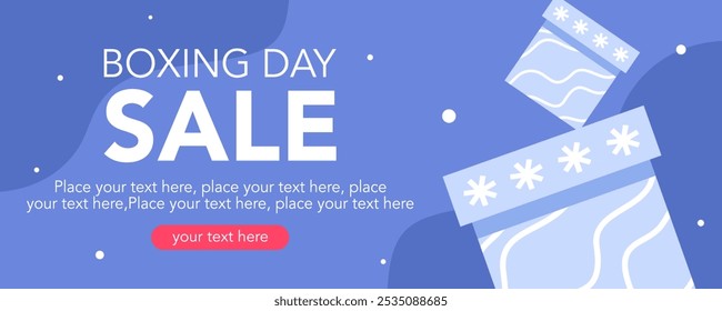 Boxing Day Sale on blue background with gift, red, white color. December 26. Cartoon Vector flat illustration horizontal Template for Poster, Banner, Flyer, Card, post. Lowest price, Promo, Best deal.