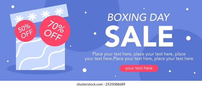 Boxing Day Sale on blue background with gift, red, white color. December 26. Cartoon Vector flat illustration horizontal Template for Poster, Banner, Flyer, Card, post. Lowest price, Promo, Best deal.