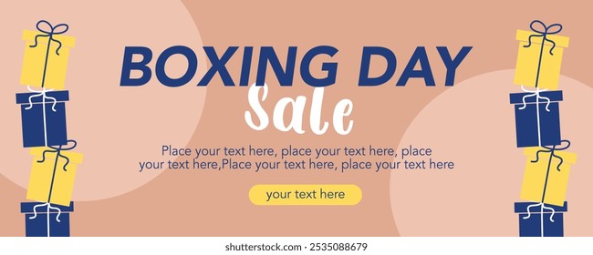 Boxing Day Sale on brown background with gift, blue color. December 26. Cartoon Vector flat illustration horizontal Template for Poster, Banner, Flyer, Card, post. Lowest price, Promo, Best deal.