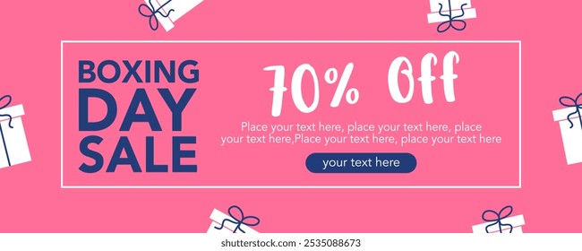 Boxing Day Sale on pink background with gift, red, blue color. December 26. Cartoon Vector flat illustration horizontal Template for Poster, Banner, Flyer, Card, post. Lowest price, Promo, Best deal.