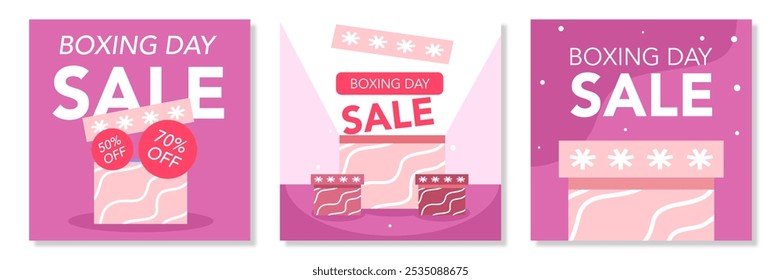 Boxing Day Sale on pink background with gift, white, red color. December 26. Cartoon Vector flat illustration horizontal Template for Poster, Banner, Flyer, Card, post. Lowest price, Promo, Best deal.