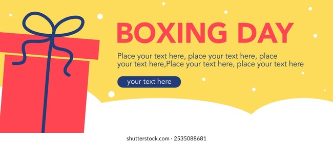 Boxing Day Sale on yellow background with gift, red, white color. December 26. Cartoon Vector illustration horizontal Template for Poster, Banner, Flyer, Card, post. Lowest price, Promo, Best deal.