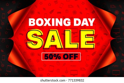 Boxing day sale Poster or banner with open gift wrap paper and shopping icons concept.Vector illustration EPS10