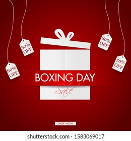 Boxing Day Sale poster design with hanging tag of different discount offer on red background for Advertising concept.