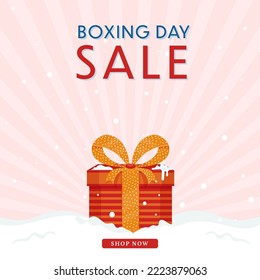 Boxing Day Sale Poster Design With Gift Box And Snow Falling On Pastel Pink Rays Background.