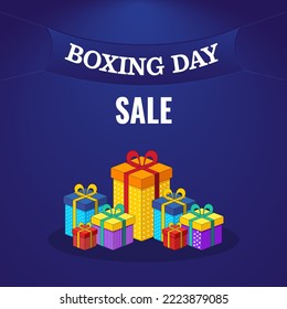 Boxing Day Sale Poster Design With Colorful Realistic Gift Boxes On Blue Background.