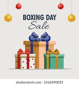 Boxing Day Sale Poster Design with Gift Boxes, Baubles Hang on Grey Background.