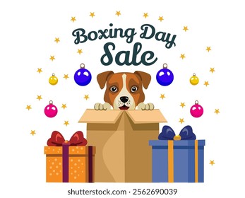 Boxing Day Sale Poster Design with Cartoon Dog Inside Carton Box and Presents on White Background.