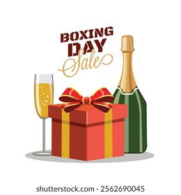 Boxing Day Sale Poster Design with Gift Box, Champagne Bottle and Flute Glass on White Background.