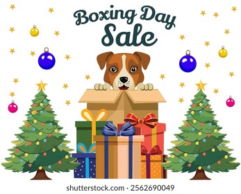 Boxing Day Sale Poster Design with Cartoon Dog Inside Box, Presents and Xmas Trees on White Background.