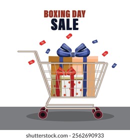 Boxing Day Sale Poster Design with Shopping Cart of Gifts on White Background.