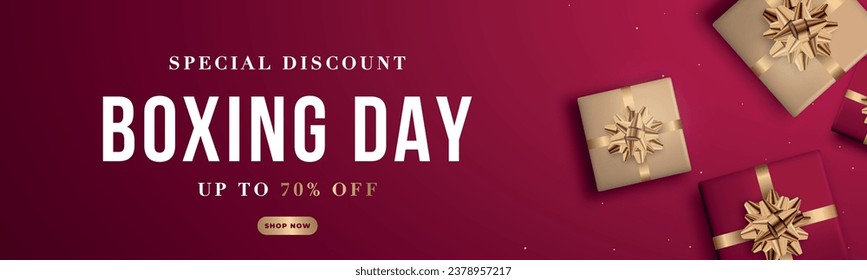 Boxing day Sale promotion banner. Special discount 70%. Shopping template for Boxing Day. Realistic red and gold gift boxes.