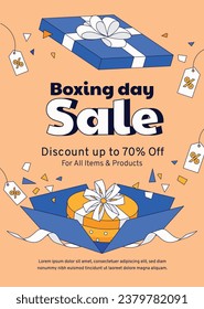 Boxtag Verkauf. Boxtag Werbedesign. BoxDay-Hintergrund. 26. Dezember. Cartoon Vektorgrafik Vorlage für Poster, Banner, Flyer, Karte, Post. Niedrigster Preis, Promo, Bestes Angebot.