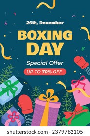 Venta de Boxing Day. Diseño de promoción de Boxing Day. Fondo del día de boxeo. 26 de diciembre. Plantilla de ilustración de vectores de dibujos animados para afiches, pancartas, volantes, tarjetas, publicaciones. Precio más bajo, Promo, Mejor trato.