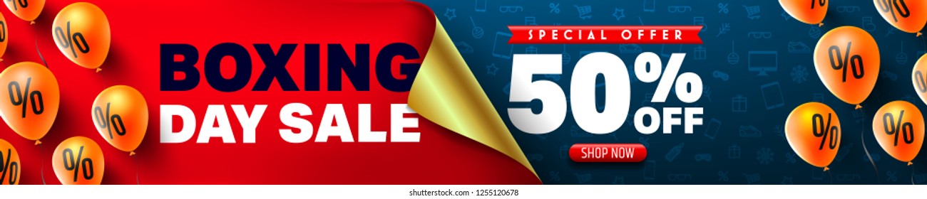 Boxing Day Sale Promotion Poster or banner with open gift wrap paper concept.Special offer 50% off sale.Promotion and shopping template for Boxing Day Sale.Vector EPS10
