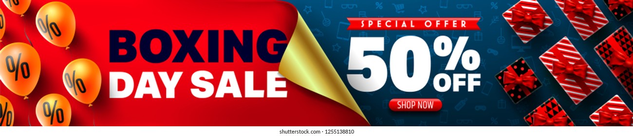 Boxing Day Sale Promotion Poster or banner with open gift wrap paper concept.Special offer 50% off sale.Promotion and shopping template for Boxing Day Sale.Vector EPS10