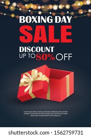Boxing day sale with red gift box advertising poster template. Use for flyer, banner, christmas seasonal offer, discount.
