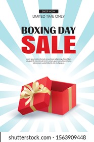 Boxing Day Sale With Red Gift Box Advertising Poster Template. Use For Flyer, Banner, Christmas Seasonal Offer, Discount.