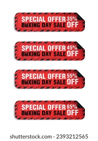 Boxing day sale red long stickers set. Sale 35%, 45%, 55%, 65% off discount. Vector illustration