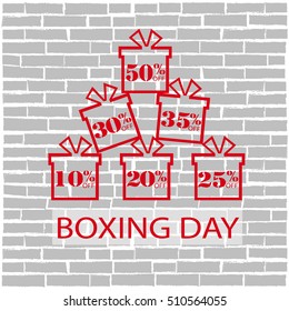 boxing day sale. red price box gift discount percent on gray brick box background. vector illustration.