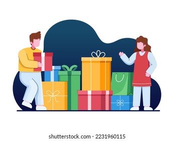 Boxing Day Sale Seasonal Discounts Campaign Illustration with colorful box and bag.
Boxing Day Illustration Flat.
Can be used for banner, poster, flyer, web, landing page, promotion, etc