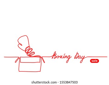 Boxing day sale simple vector bakground. One continuous red line drawing of boxing glove and box.