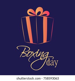 Boxing day sale of a square banner or card. Beautiful gift box icon in hand drawn style on a dark background. Place for your text. Vector illustration.