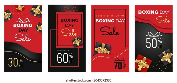 Boxing Day Sale-Vorlagen für Social-Media-Geschichten und Nachrichten mit Draufsicht auf Schwarz, rote Geschenkbox, goldener Bandbogen und abstrakter Hintergrund. Sonderangebot Werbeaktion Rabatt senkrechte Banner