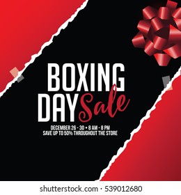 Boxing Day Sale torn wrapping paper and festive bow background. EPS 10 vector illustration.