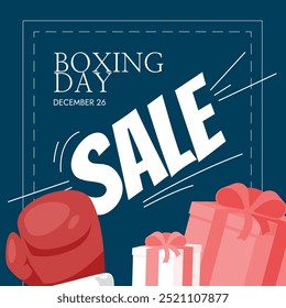 Boxing day sale. Vector banner template. Graphic drawn festive poster layout. Big red glove, wrapped gift boxes with ribbon. Winter discounts ads. Funny holiday design. Social media announcement post