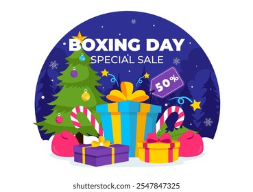 Boxing Day Sale Vetor Illustration Com etiquetas de desconto, ofertas especiais, caixas de presente para publicidade promocional Flat Cartoon Background Design