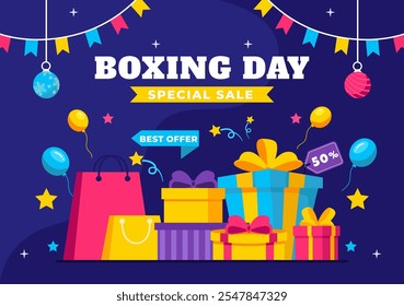 Boxing Day Sale Vetor Illustration Com etiquetas de desconto, ofertas especiais, caixas de presente para publicidade promocional Flat Cartoon Background Design