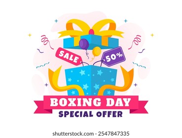 Boxing Day Sale Vector Illustration Featuring Discount Tags, Special Offers, Gift Boxes for Promotional Advertising Flat Cartoon Background Design