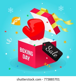 Boxing day Sale vector illustration, Boxing glove in a gift box with confetti