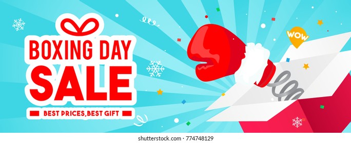 Boxing Day Sale Vector Illustration, Boxing Glove Coming Out Of Gift Box.