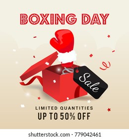 Boxing day Sale vector illustration, Boxing glove coming out of red box with price tag	